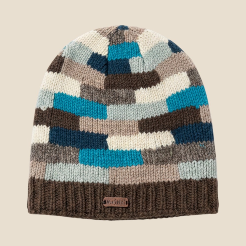 Moshiki Wool Beanie Hat Blue Brown Patchwork Fleece Lined Winter Knit Cap